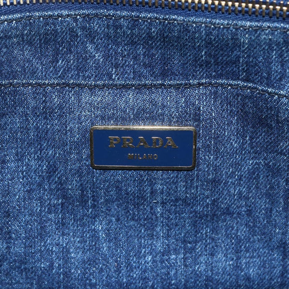 PRADA Canapa MM Hand Bag Denim Blue Gold Auth BA8018