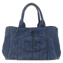 PRADA Canapa MM Hand Bag Denim Blue Gold Auth BA8018-13
