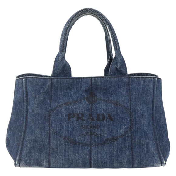 PRADA Canapa MM Hand Bag Denim Blue Gold Auth BA8018