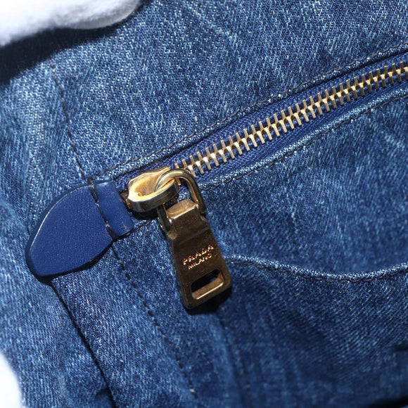 PRADA Canapa MM Hand Bag Denim Blue Gold Auth BA8018