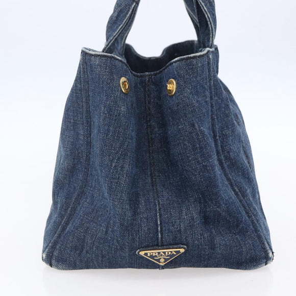 PRADA Canapa MM Hand Bag Denim Blue Gold Auth BA8018