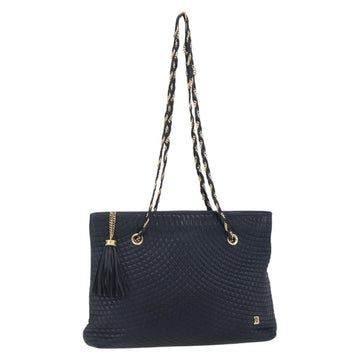 BALLY Quilted Chain Shoulder Bag Leather Navy Gold Auth BA8025