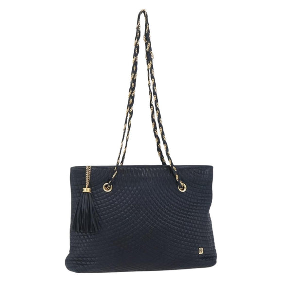 BALLY Quilted Chain Shoulder Bag Leather Navy Gold Auth BA8025