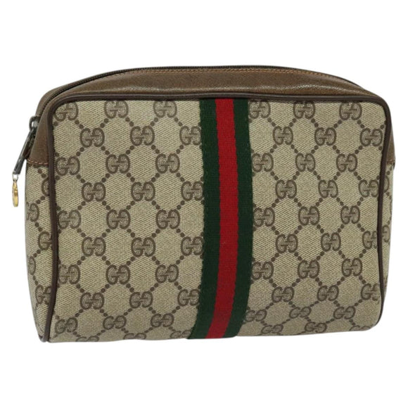 GUCCI GG Supreme Web Sherry Line Clutch Bag PVC Beige Gold 84 01 012 Auth BA803