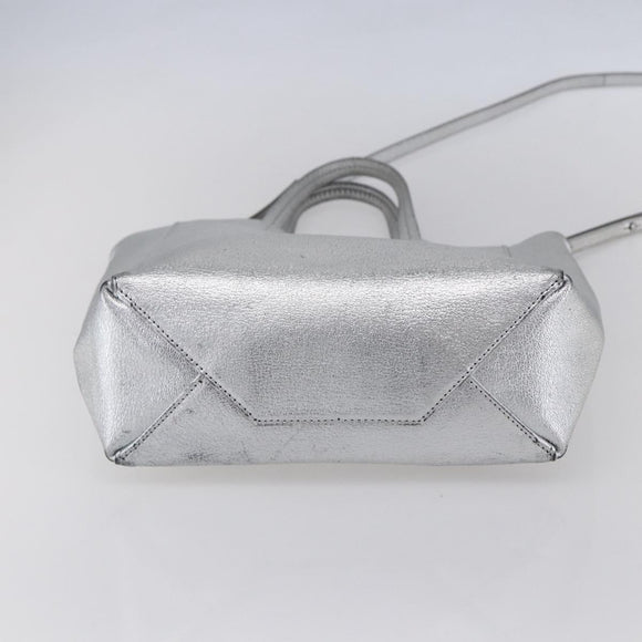 CELINE Hand Bag Leather 2way White Silver Auth BA8030