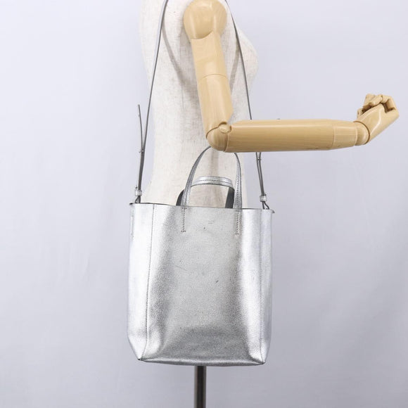 CELINE Hand Bag Leather 2way White Silver Auth BA8030