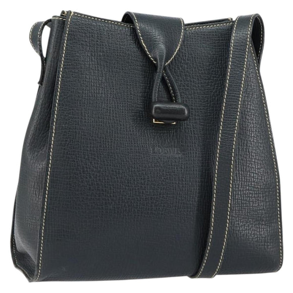 LOEWE Turn Lock Shoulder Bag Leather Navy Gold Auth BA8032