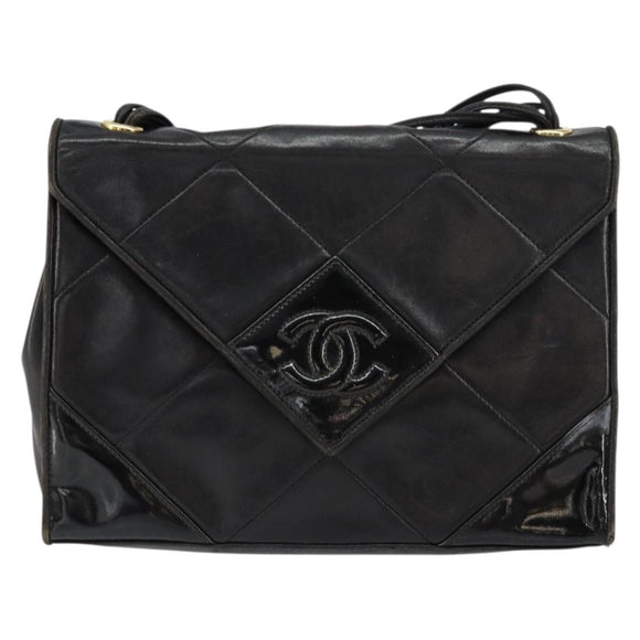 CHANEL Matelasse Shoulder Bag Lamb Skin Black Gold CC Auth BA8034