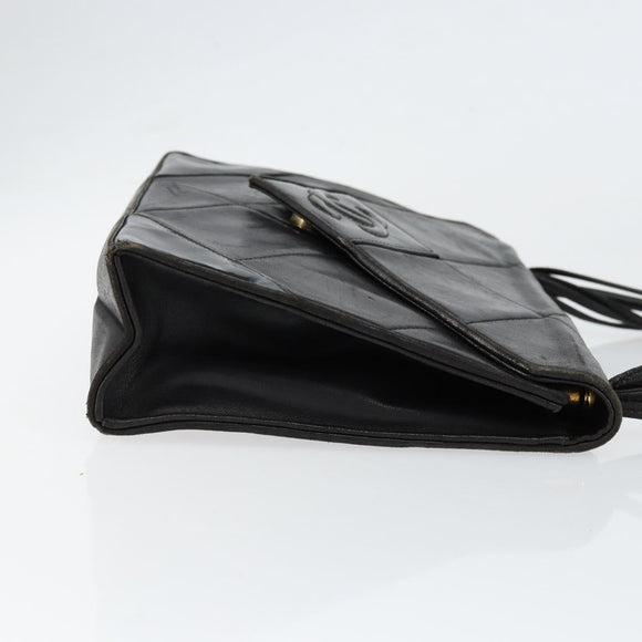 CHANEL Matelasse Shoulder Bag Lamb Skin Black Gold CC Auth BA8034