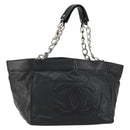 CHANEL Chain Tote Bag Caviar Skin Black Silver CC Auth BA8036-1