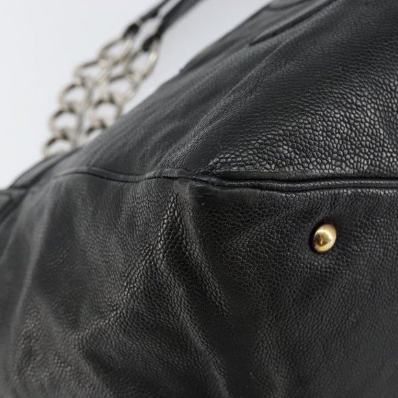 CHANEL Chain Tote Bag Caviar Skin Black Silver CC Auth BA8036