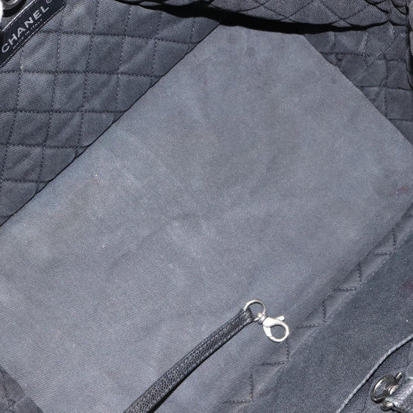 CHANEL Chain Tote Bag Caviar Skin Black Silver CC Auth BA8036