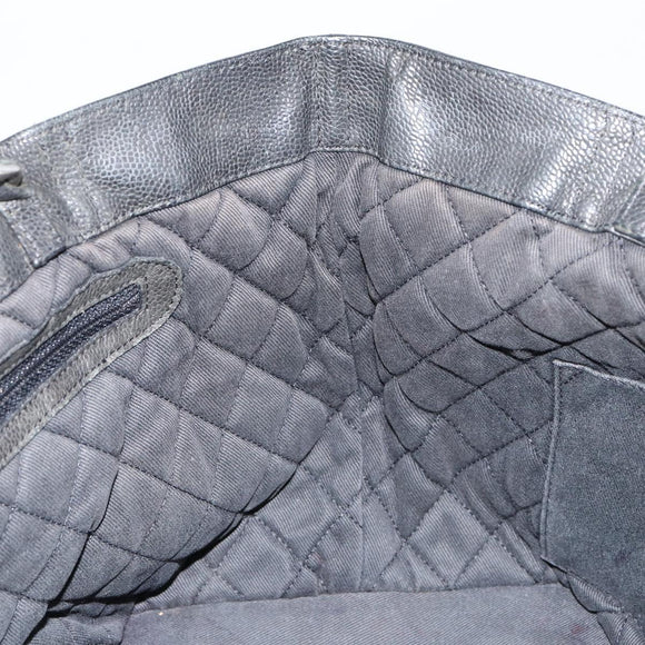 CHANEL Chain Tote Bag Caviar Skin Black Silver CC Auth BA8036