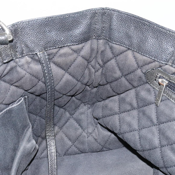 CHANEL Chain Tote Bag Caviar Skin Black Silver CC Auth BA8036