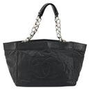 CHANEL Chain Tote Bag Caviar Skin Black Silver CC Auth BA8036-13