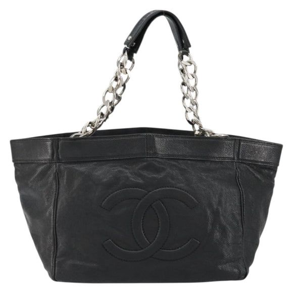 CHANEL Chain Tote Bag Caviar Skin Black Silver CC Auth BA8036
