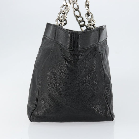 CHANEL Chain Tote Bag Caviar Skin Black Silver CC Auth BA8036