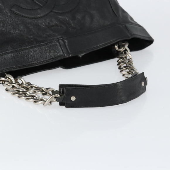 CHANEL Chain Tote Bag Caviar Skin Black Silver CC Auth BA8036