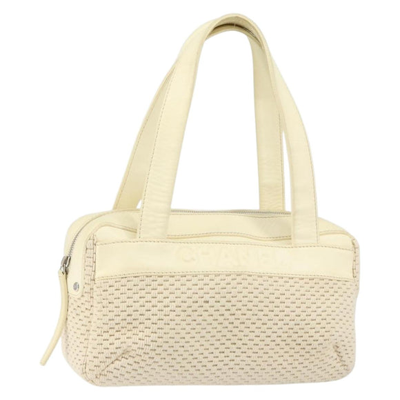 CHANEL Tote Bag Canvas Leather White Silver CC Auth BA8037