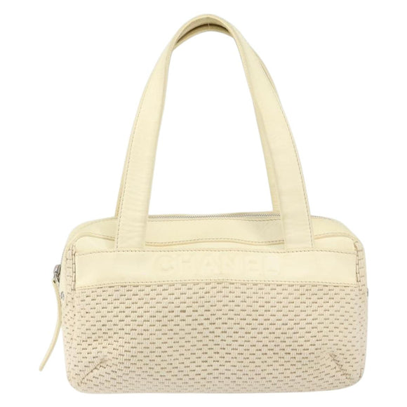 CHANEL Tote Bag Canvas Leather White Silver CC Auth BA8037