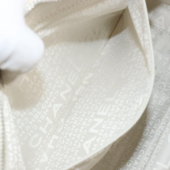 CHANEL Tote Bag Canvas Leather White Silver CC Auth BA8037