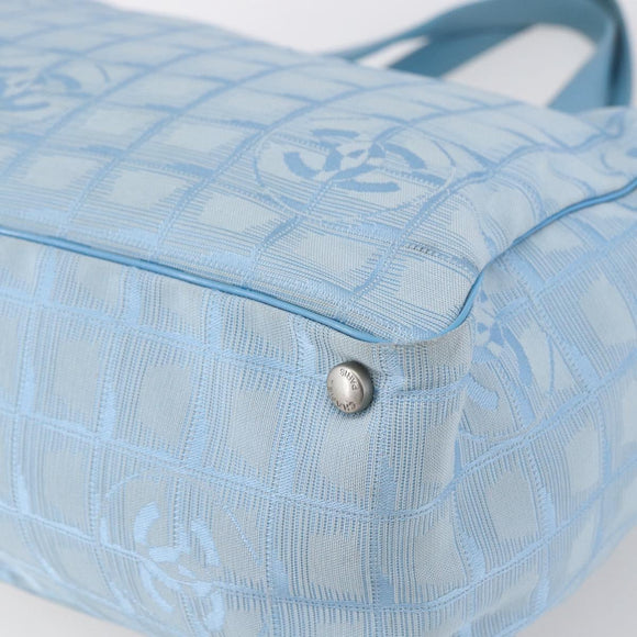 CHANEL New Travel Line Tote Bag Nylon Light Blue Silver CC Auth BA8038