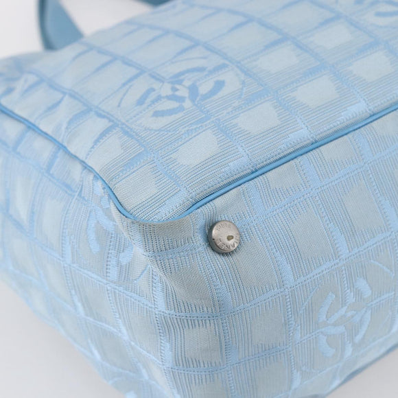 CHANEL New Travel Line Tote Bag Nylon Light Blue Silver CC Auth BA8038