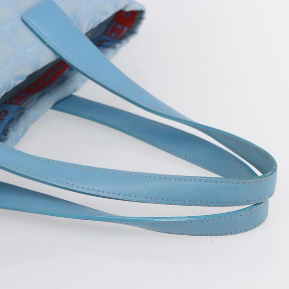 CHANEL New Travel Line Tote Bag Nylon Light Blue Silver CC Auth BA8038