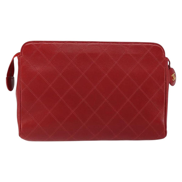 CHANEL Bicolore Clutch Bag Lamb Skin Red Gold CC Auth BA8040
