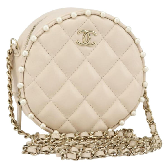CHANEL Matelasse Chain Shoulder Bag Lamb Skin Beige Gold CC Auth BA8041