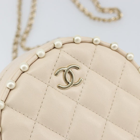 CHANEL Matelasse Chain Shoulder Bag Lamb Skin Beige Gold CC Auth BA8041