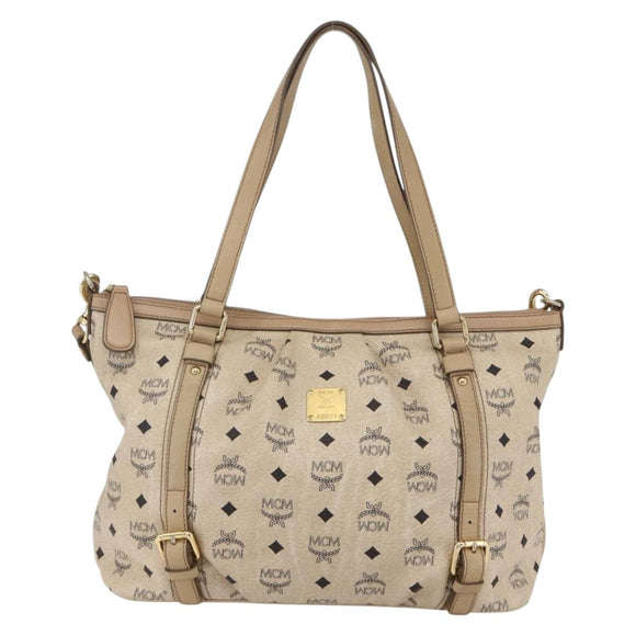 MCM Vicetos Logogram Tote Bag PVC Leather 2way Beige Gold Auth BA8048