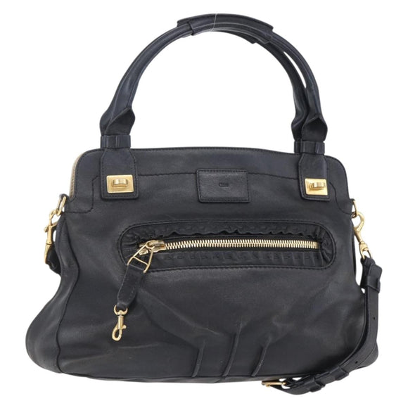 Chloe Etel Hand Bag Leather 2way Black Gold Auth BA8052