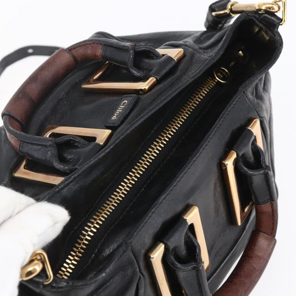 Chloe Etel Hand Bag Leather 2way Black Gold Auth BA8054