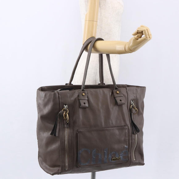 Chloe Eclipse Tote Bag Leather Beige Brown Auth BA8056