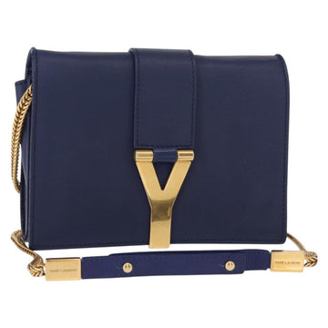 SAINT LAURENT Y Line Chain Satchel Small Bag Leather Blue Gold Auth BA8058
