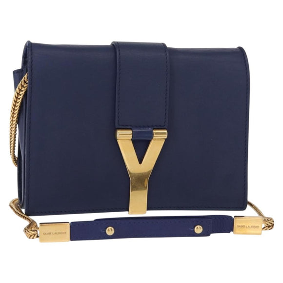 SAINT LAURENT Y Line Chain Satchel Small Bag Leather Blue Gold Auth BA8058