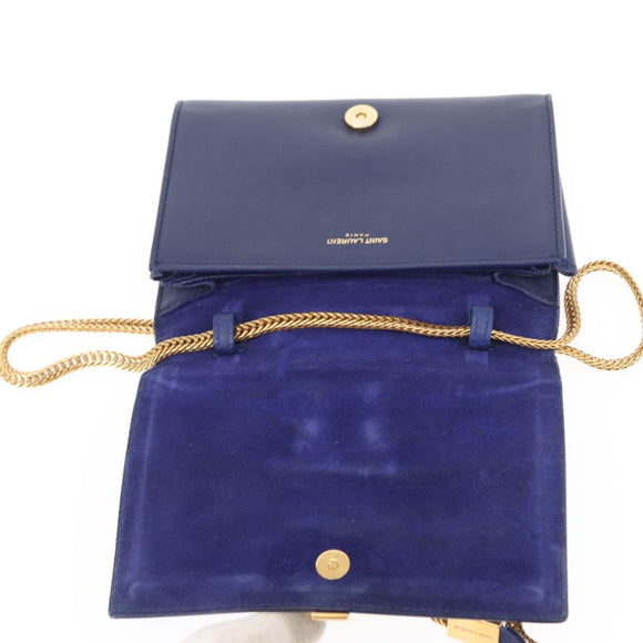 SAINT LAURENT Y Line Chain Satchel Small Bag Leather Blue Gold Auth BA8058