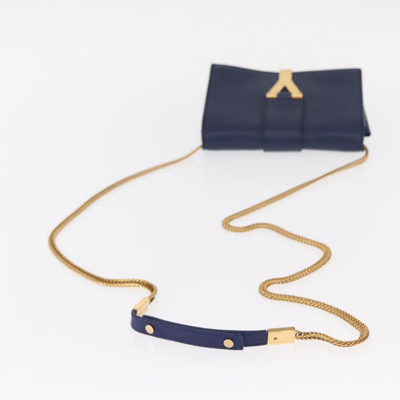 SAINT LAURENT Y Line Chain Satchel Small Bag Leather Blue Gold Auth BA8058