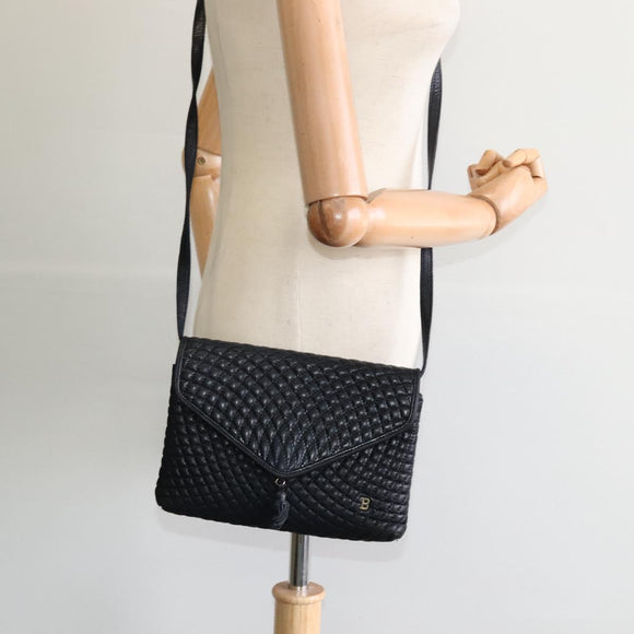 BALLY Quilted Shoulder Bag Leather Black Gold Auth BA806