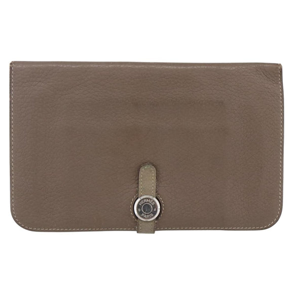 HERMES Dogon Duo GM Wallet Leather Gray Auth BA8060