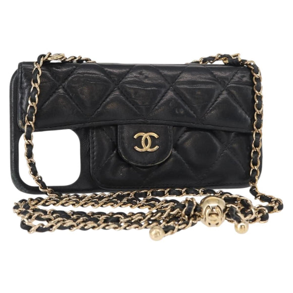 CHANEL Matelasse Chain iPhone Case Lamb Skin Black Gold CC Auth BA8062