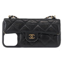 CHANEL Matelasse Chain iPhone Case Lamb Skin Black Gold CC Auth BA8062-2