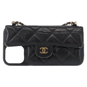 CHANEL Matelasse Chain iPhone Case Lamb Skin Black Gold CC Auth BA8062 - 0