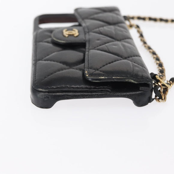 CHANEL Matelasse Chain iPhone Case Lamb Skin Black Gold CC Auth BA8062