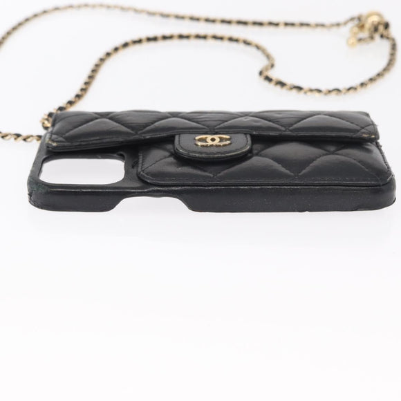 CHANEL Matelasse Chain iPhone Case Lamb Skin Black Gold CC Auth BA8062
