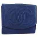 CHANEL Bifold Wallet Lamb Skin Blue CC Auth BA8063-1