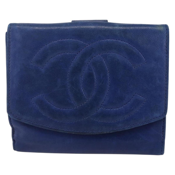 CHANEL Bifold Wallet Lamb Skin Blue CC Auth BA8063