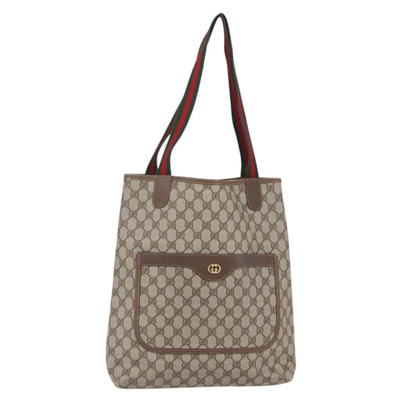 GUCCI GG Supreme Web Sherry Line Tote Bag PVC Beige Gold Auth BA8073