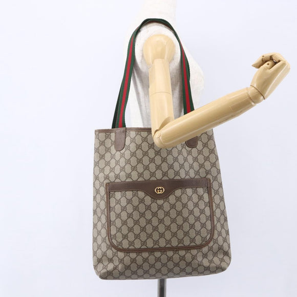 GUCCI GG Supreme Web Sherry Line Tote Bag PVC Beige Gold Auth BA8073